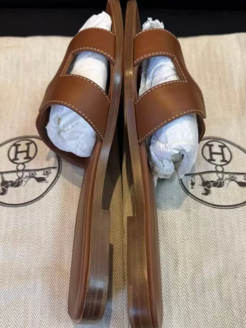 Hermes Oran Brown Leather H Slide Flat Sandals